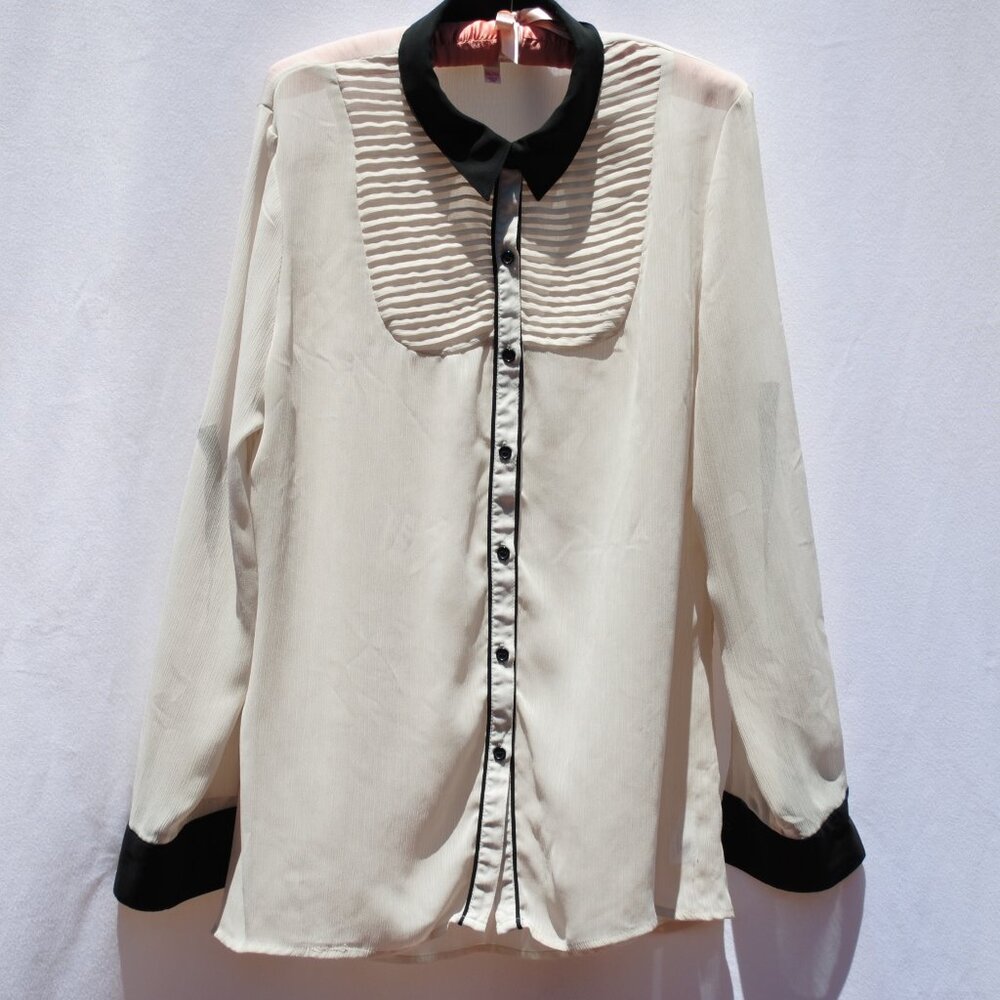 Xhilaration Black and White Long Sleeve Collared Blouse Women's (XXL)